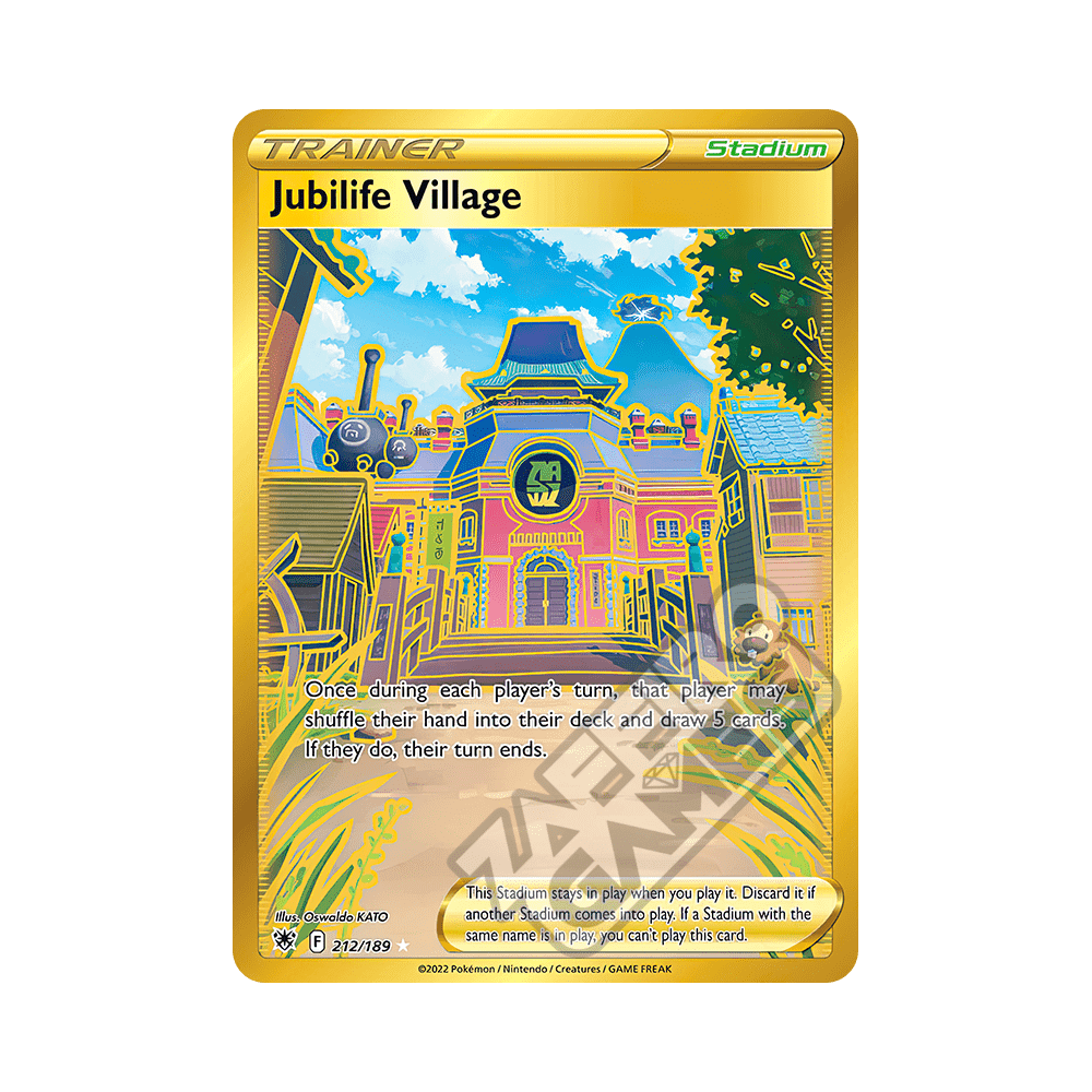 jubilife village pokemon card gold 212/189  PokePlugZa Stadium / / Card Text Jubilife Village Secret Rare Gold